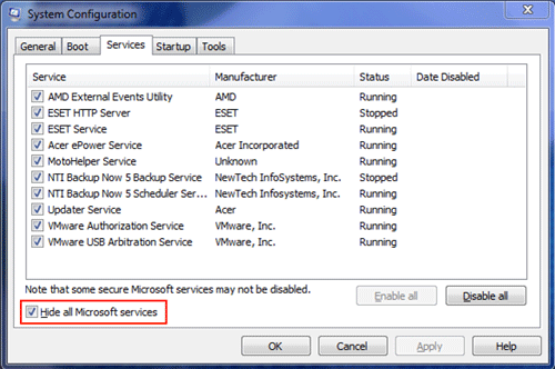 MSCONFIG Services Tab, Hide Microsoft Services
